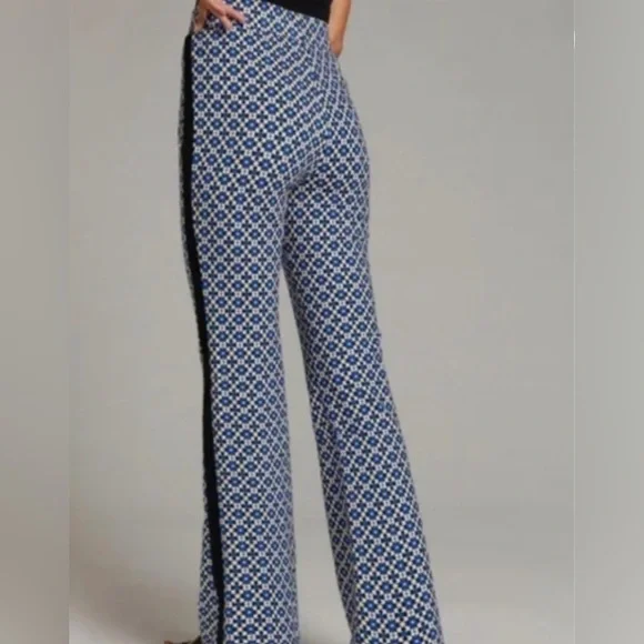 Anthropologie Maeve Black and Blue Geometric Print High Rise Flare Pants Small - Picture 3 of 10